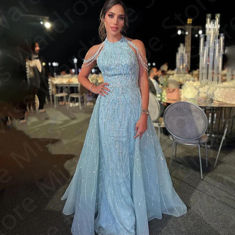 Funkelnde baby blaue Abendkleider Meerjungfrau Abschluss ball Party kleider Perlen Neck holder Hochzeit Gast kleider ärmel los Pailletten Image