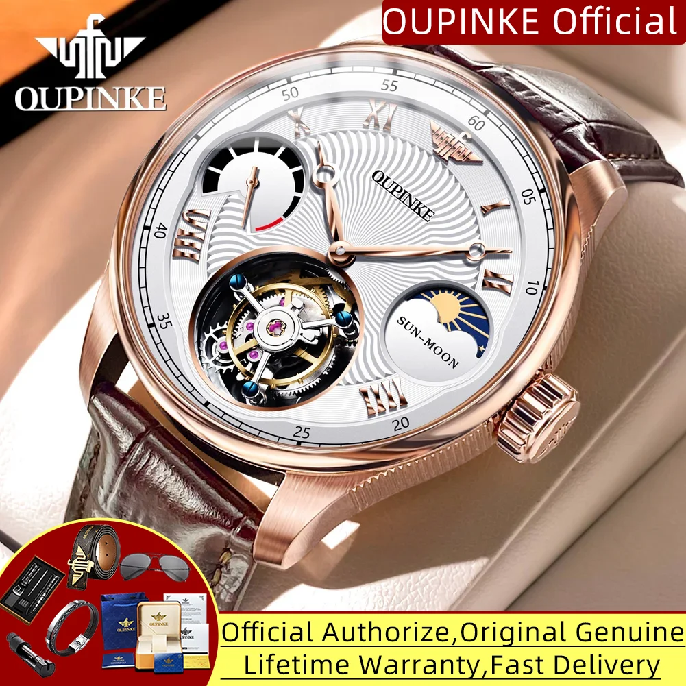 Top Schweizer Marke OUPINKE Tourbillon Uhr für Herren Chronograph Mondphase Wasserdichte Herrenuhr Limited Edition mechanische Uhren Image