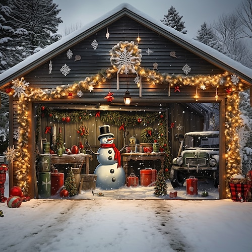 Weihnachtstürdekorationen für den Außenbereich, Garagentorabdeckung, Schneemann, Weihnachtstürbanner, Party, große Türwandkulisse, Dekoration für den Urlaub, Wanddekorationen für zu Hause Image