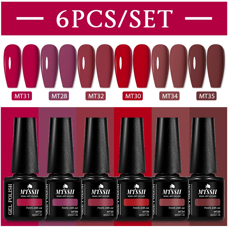 6 teile/satz Rot Farbe Nagel Gel Polnischen Kits Einfarbig Glitter Braun Rot Gel Soak Off UV Semi-Permanent lack Nail art Design Image