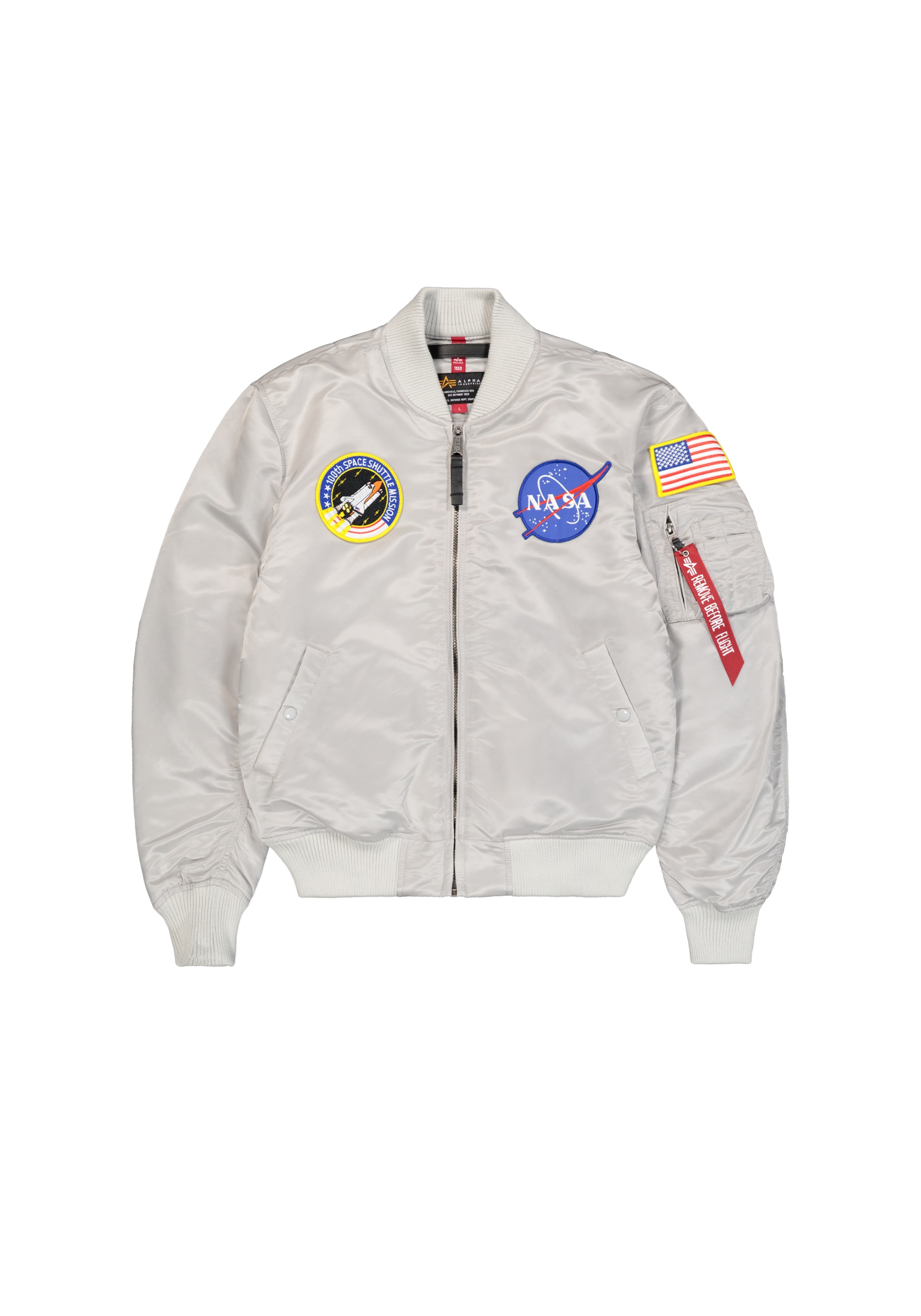 Bomberjacke ALPHA INDUSTRIES "MA-1 VF Vintage Fit NASA", Herren, Gr. S, grau (pastel grau), Obermaterial: 100% Nylon; Futter: 100% Nylon; Füllung: 100% Polyester, Jacken Bomberjacke