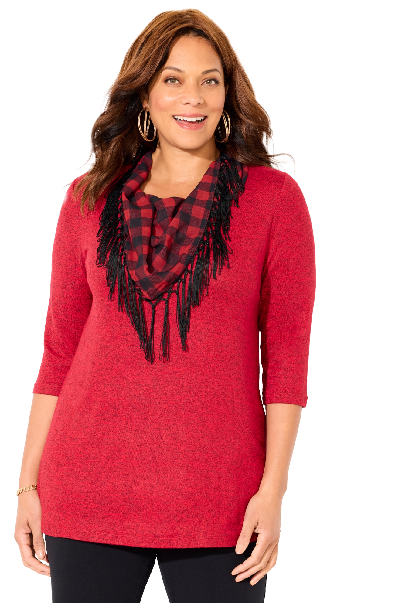 Plus Size Women's Impossibly Soft Tunic & Scarf Duet by Catherines in Red Buffalo Check (Size 5X)