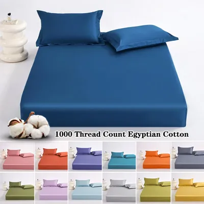 100% Egyptian Cotton Bed Sheets Home Bed Linen 1000 Thread Count Fitted Sheet with Elastic Band Solid Mattress Cover 140/160 1PC