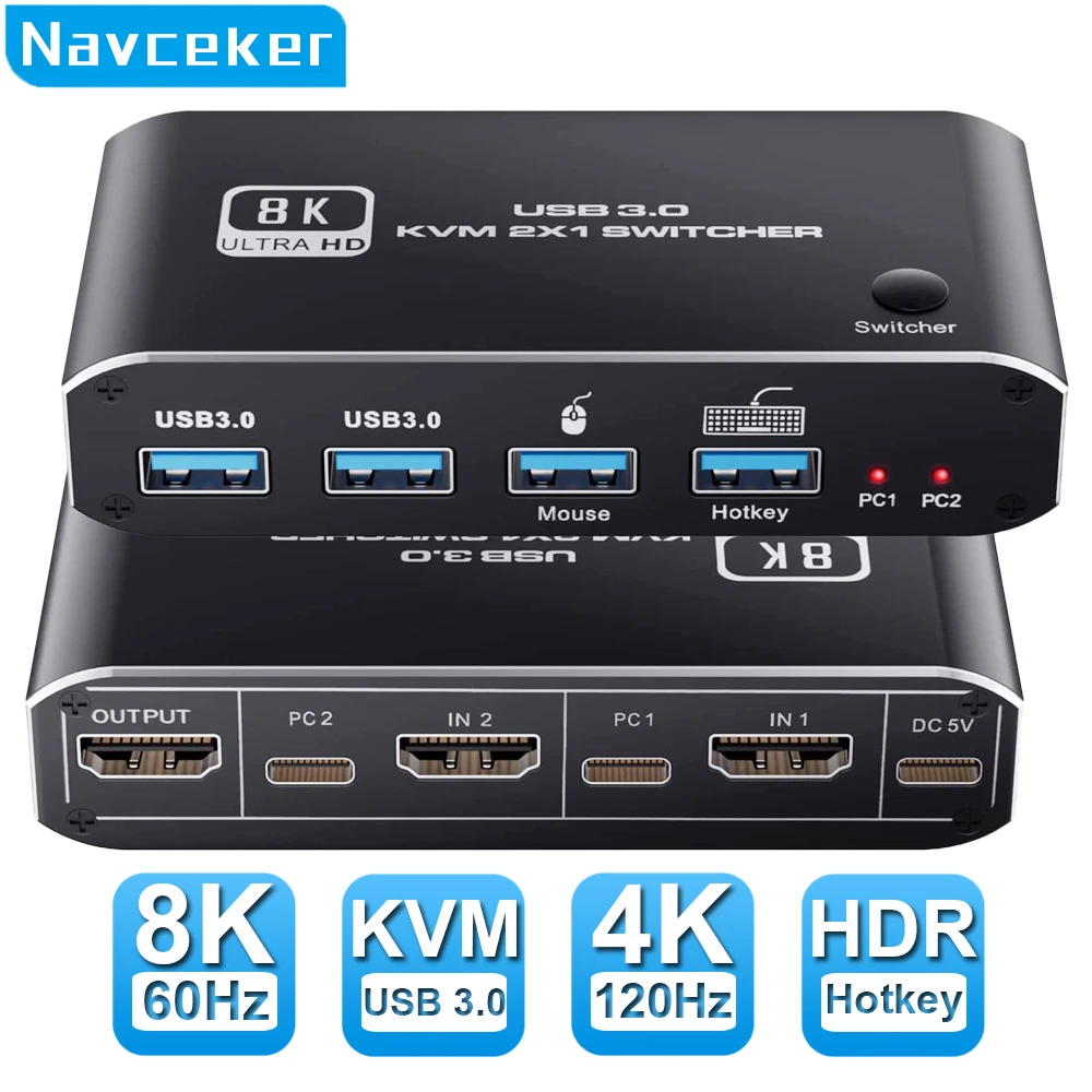 2023 Miglior HDMI 2.1 KVM Switch 4K 120Hz HDMI USB KVM Switch Dual Port USB HDMI 2.1 Switcher 2X1 4K 60Hz 8K 60Hz 2 PC 1 Monitor