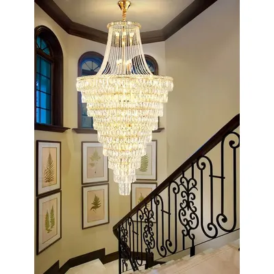 Large Ceiling Long Crystal Chandelier Hotel Lobby Living Room Luxurious Multi Story Staircase Light Golden Stainless Steel Light