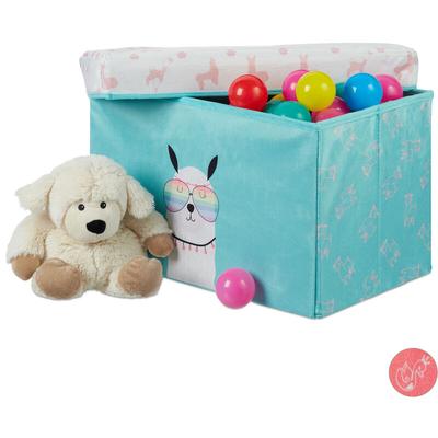 Relaxdays - Sitzbox Kinder, Staubox mit Deckel, Spielzeug Aufbewahrung, faltbar, Lama Motiv, Jungen Image