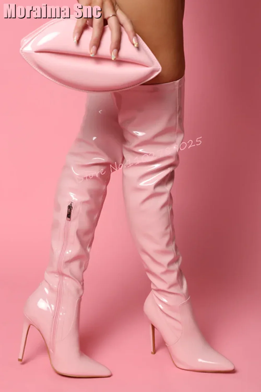 Lack leder Oberschenkel hohe Stiefel Stiletto High Heel spitzen Zehen Seite Reiß verschluss rosa solide sexy Frauen lange Stiefel Mode Herbst Image
