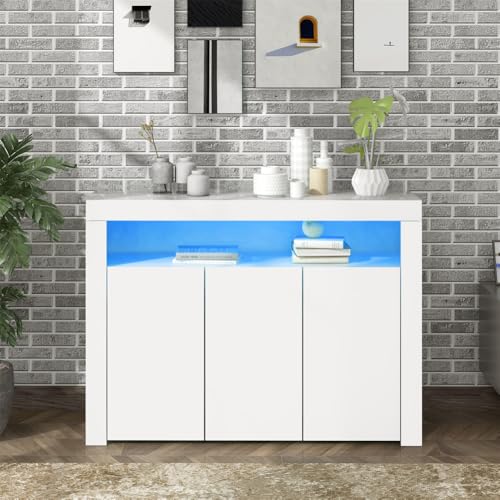 Techigher Sideboard Cupboard High Gloss 3 Doors Storage Cabinet Modern Wooden Buffet Cupboard with 16 Colors LED Light Sideboard Display Cabinet with Open Shelf for Living Room Bedroom White One