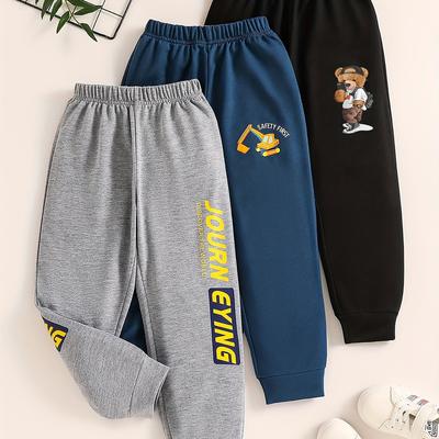 TEMU 3-pack Boys Sweatpants With Cartoon Construction Car Graphic Prints, Casual Style, Elastic Waist Jogger Pants, Boys Athletic Wear