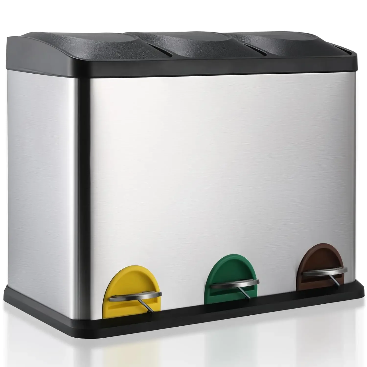 Mülleimer, 45l Mülleimer für die Küche, 3 Fächer, Edelstahl,(3x15l) Kunststoff-Innen eimer und Klappdeckel, luftdicht