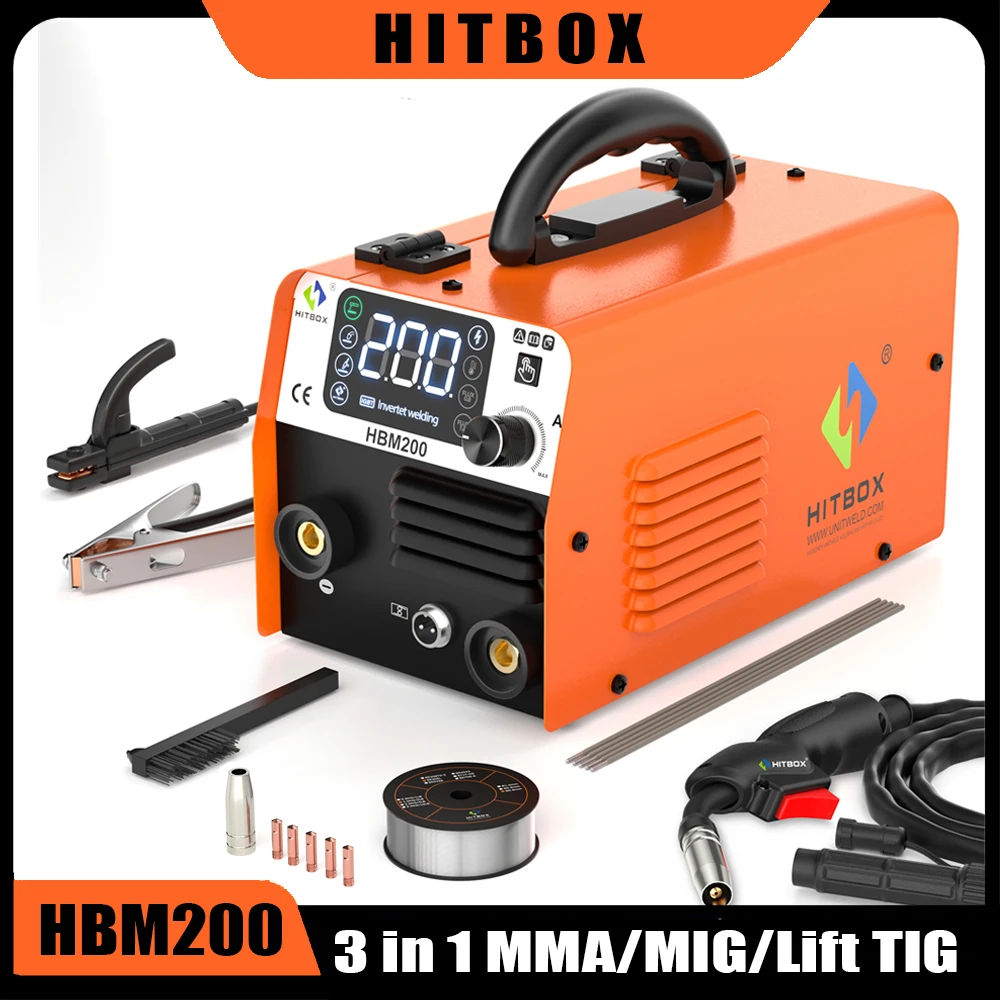 HITBOX HBM200 Halbautomatische Gaslose MIG-Schweißmaschine 3-in-1 ARC/MIG/Lift TIG Tragbarer Heim-Inverter-Schweißer Synergy Tool Image