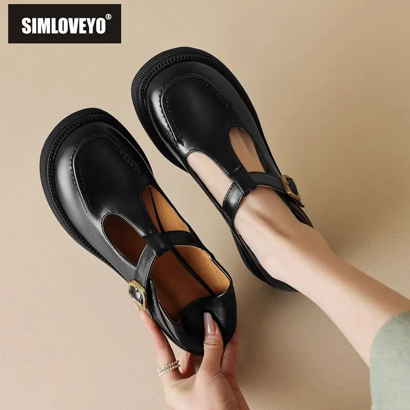 Simloveyo 2024 neue Sommer Vintage Frauen Wohnungen 32 33 runde Zehen schnalle T-Riemen große Größe 42 43 Freizeit weichen täglichen Mary Janes Schuh