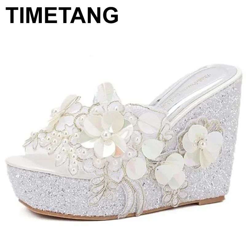 Keile Hausschuhe High Heels Frauen Sommer Blume Dekoration Sandalen Mode Silber weiblich lässig Gold Schuhe Größe 34-40