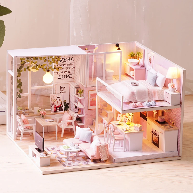 Mini maison de poupée en bois, Kit de petites maisons à monter soi-même, appartement Duplex, Puzzle 3D, assemblage, jouet de construction, décoration avec meubles, maison de poupée