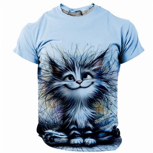 Men's Cat Funny T shirt Short Sleeve T shirt 3D Print Crew Neck Shirt Retro Vintage Casual Street Casual Bar Light Blue White Khaki Spring Summer Clothing Apparel S M L XL XXL XXXL