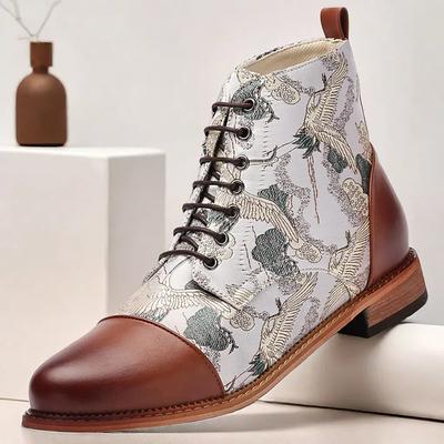 Men's Vintage Crane Print Lace-Up Boots – Faux Leather and Jacquard fabric Ankle Boots with Retro Style for Casual Wear