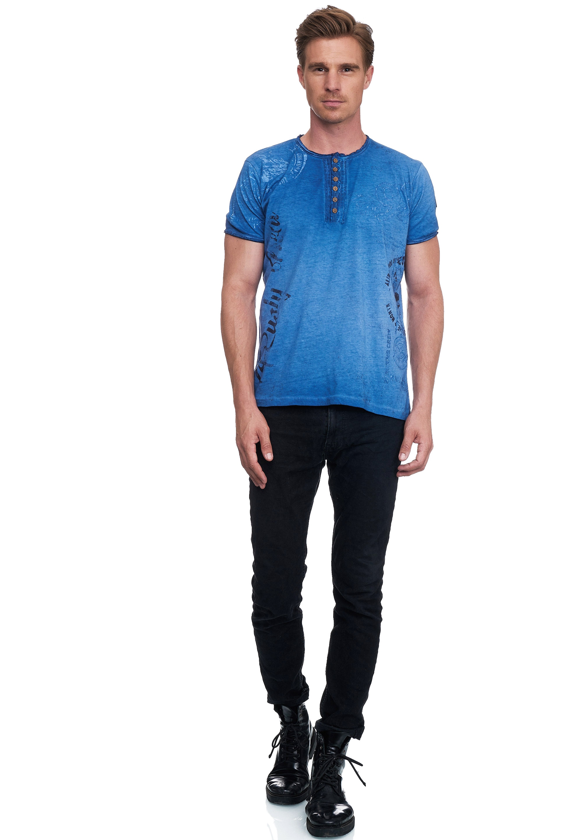 T-Shirt RUSTY NEAL, Herren, Gr. XXL, blau (indigo), 100% Baumwolle, bedruckt, normal, ohne Ausschnitt, Shirts, mit seitlichem Print Image