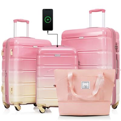 Lightweight Travel Luggage Set of 4, Expandable ABS Durable Suitcase with USB Port, Travel Bag, Cup Holder and Spinner Wheels