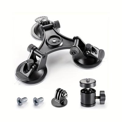 TEMU Triple Suction Cup Camera Mount With 360° Ball Head, Heavy Duty Car Window Dashboard Tripod For , 360, Dji, Dslr, Mirrorless Cameras - Vehicle Holder Attachment Accessory, Plastic Material Image