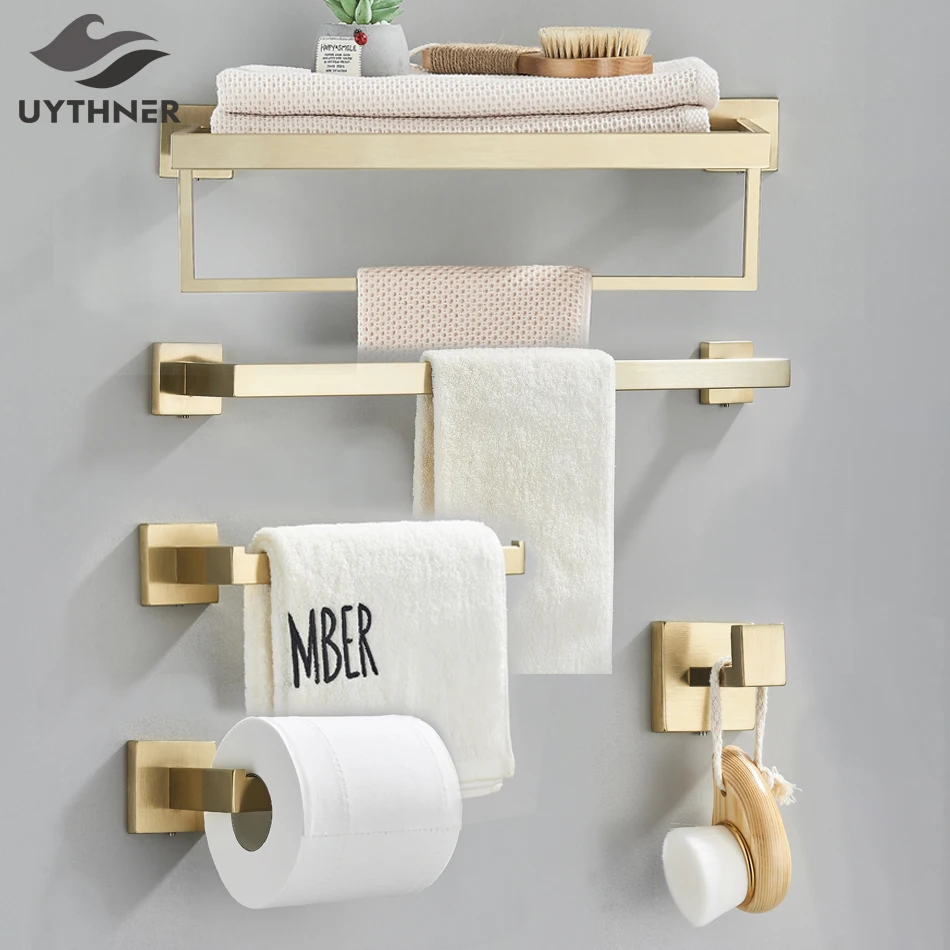Ensemble de matériel de salle de bain en or brossé, porte-serviettes, crochet pour Robe de bain, étagère, porte-papier de soie, accessoires de salle de bains