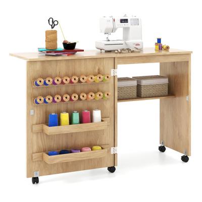 Costway Folding Sewing Table with Storage Shelf and 5 Lockable Wheels-Natural