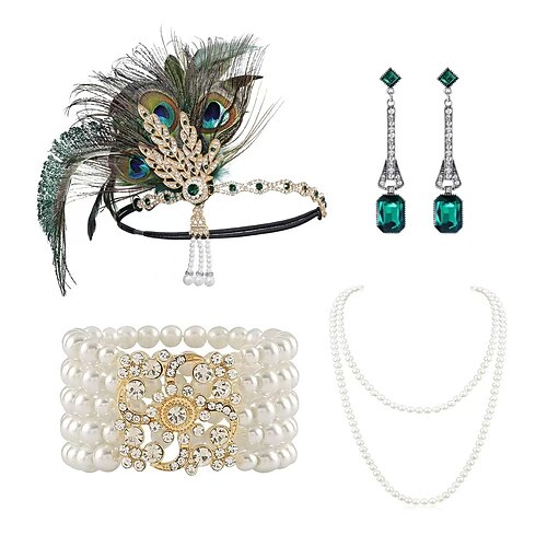 Vintage 1920er Der große Gatsby Flapper-Stirnband Zubehörset Charleston Hochzeitsgast Feder Mode Kostüm Damen Maskerade Hochzeitsempfang Junggesellinnenabschiedsparty Festival Erwachsene Handschuhe Image