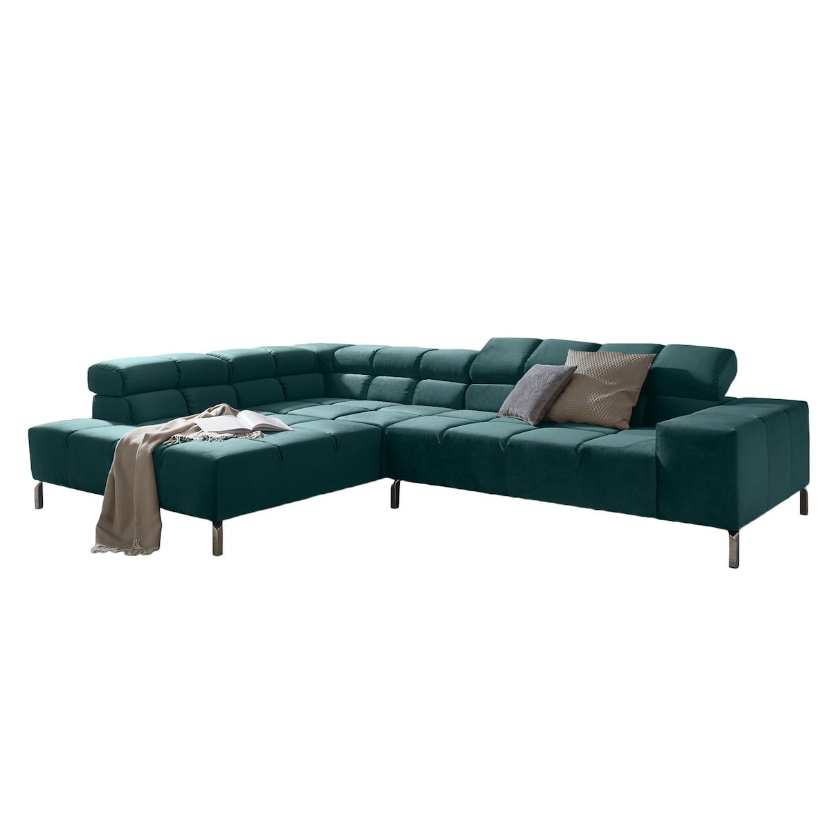 KAWOLA Sofa NELSON Ecksofa Velvet smaragd Recamiere links mit motorischem Sitzvorzug Image