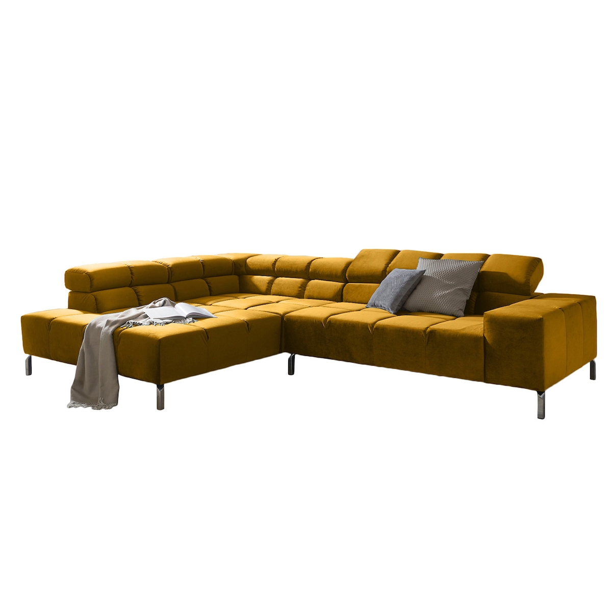 KAWOLA Sofa NELSON Ecksofa Velvet curry Recamiere links mit motorischem Sitzvorzug Image