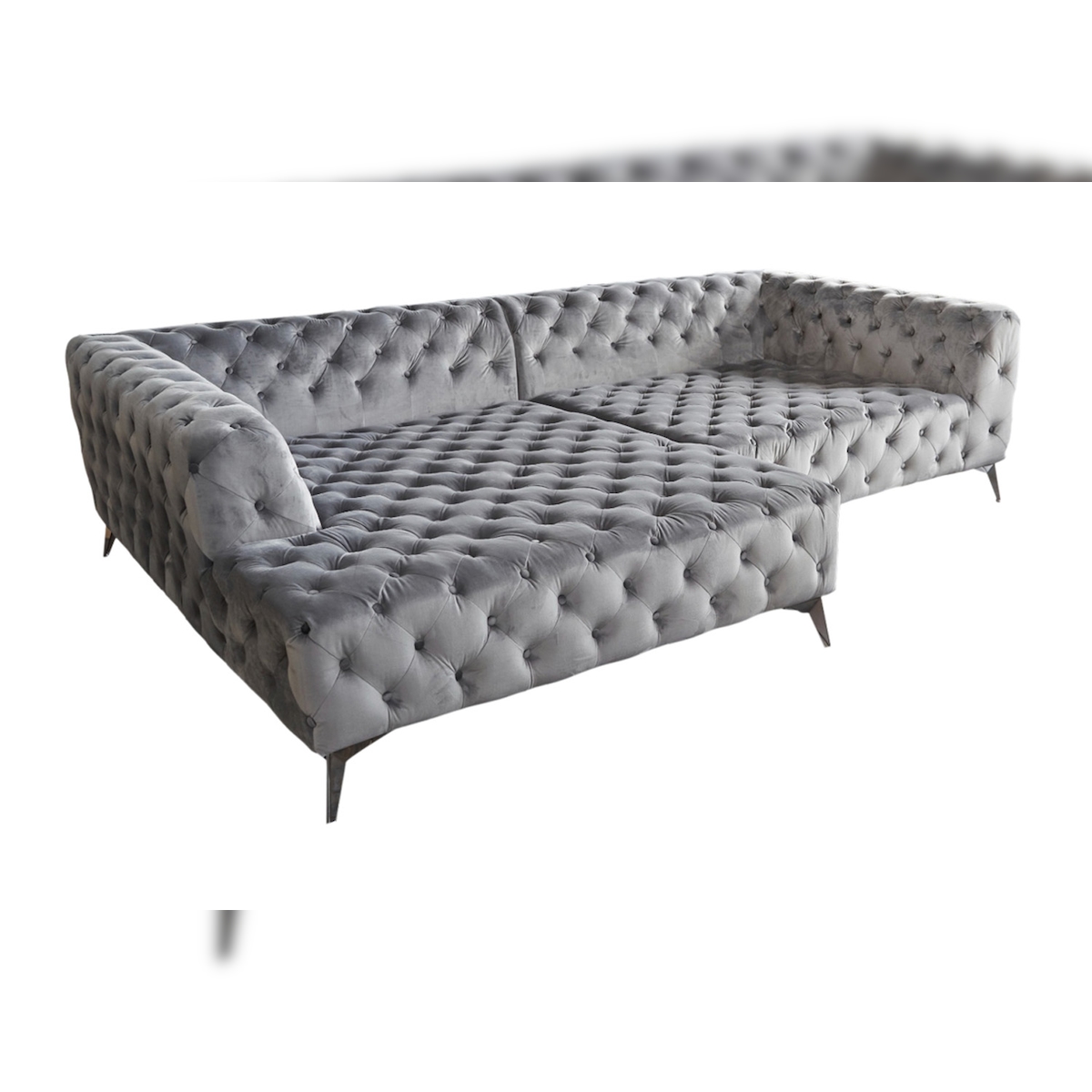 KAWOLA Sofa NARLA Ecksofa Chesterfield Stoff velvet silber Recamiere links Image