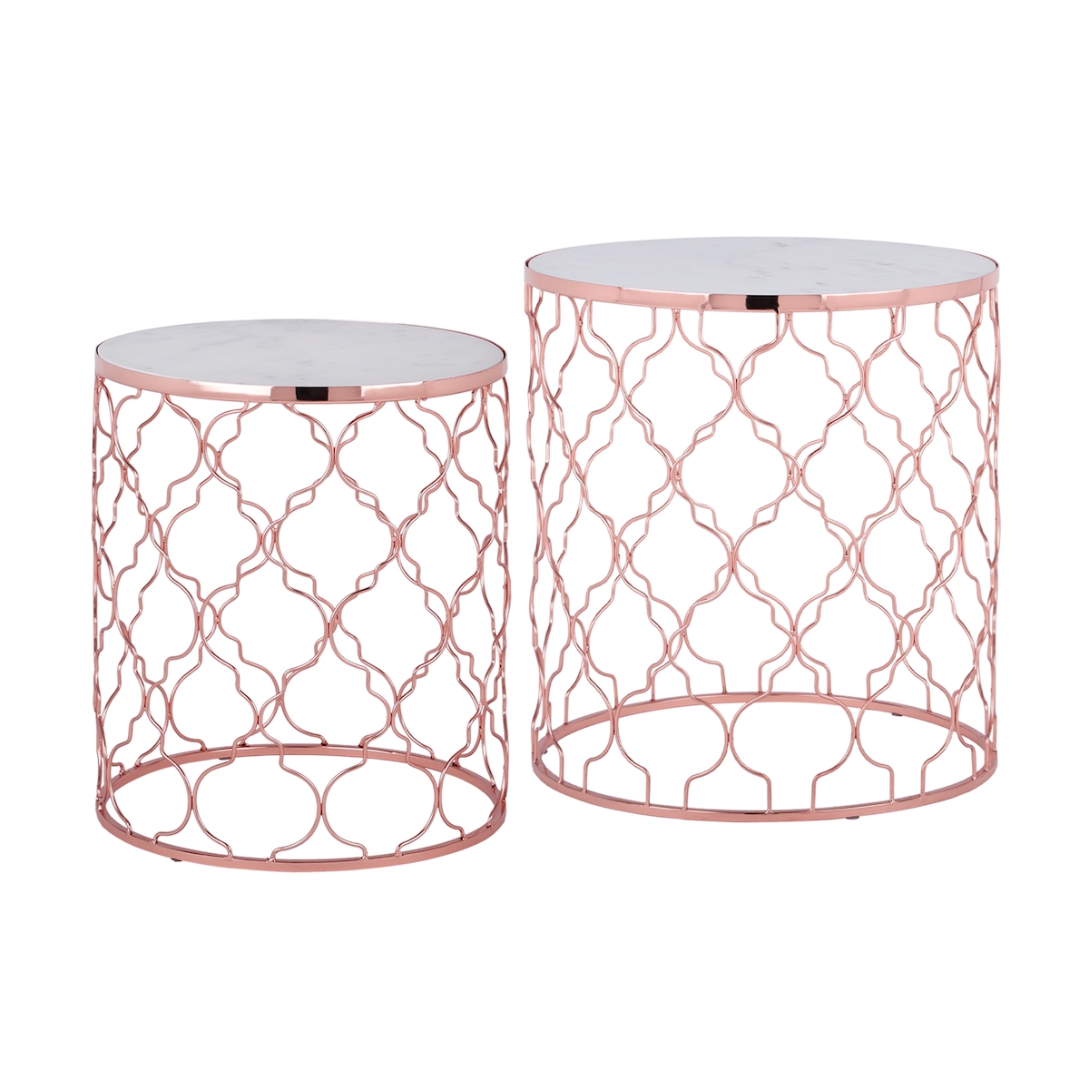 WOMO-DESIGN Beistelltisch 2er-Set Phoenix I Ø40/45 cm, Weiß Marmor/Kupfer, handgefertigt, Unikat Image