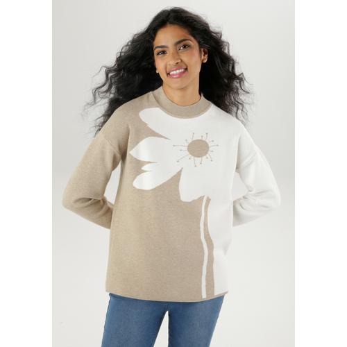 Strickpullover ANISTON SELECTED Gr. 40, weiß (beige-offwhite) Damen Pullover mit plakativem Blumendessin