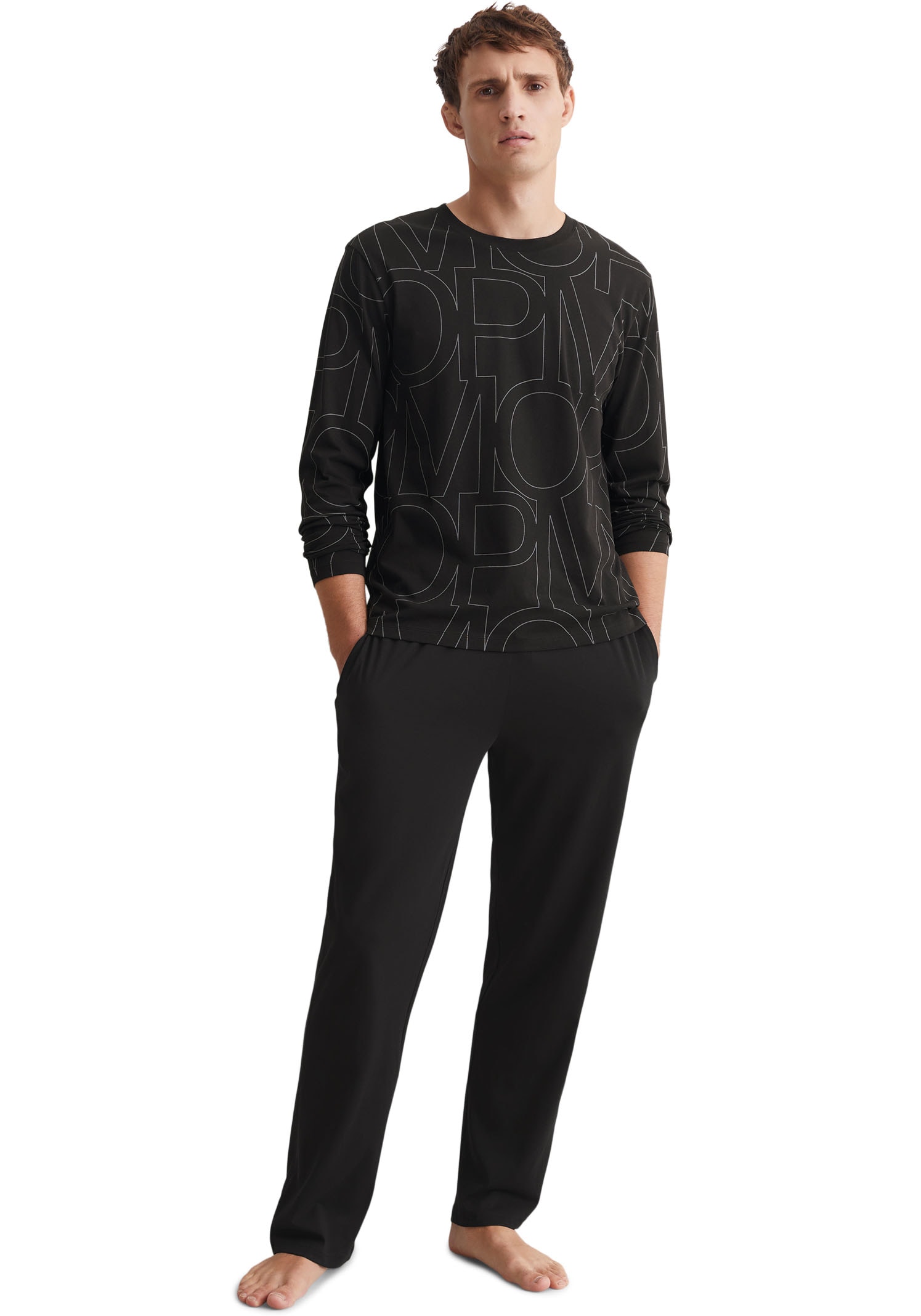 Pyjama MARC O'POLO "Mix & Match Cotton", Herren, Gr. L, schwarz, Single Jersey, Obermaterial: 100% Baumwolle, bedruckt, regular fit lang, Rundhals, Homewear-Sets, mit elastischem Bund mit Tunnelzug und Kordel Image