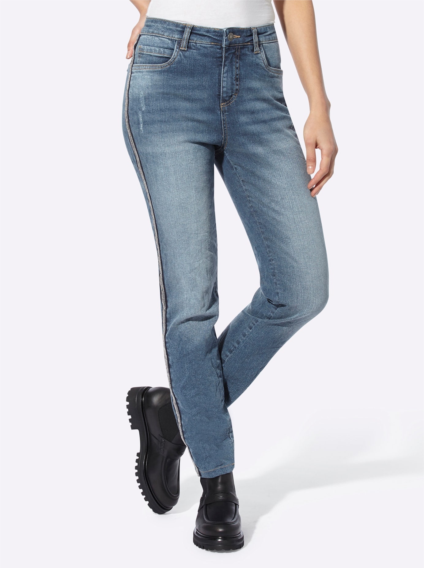 Bequeme Jeans HEINE, Damen, Gr. 46, Normalgrößen, blau (blau, stone, washed), 98% Baumwolle, 2% Elasthan, unifarben, lang, Jeans Image
