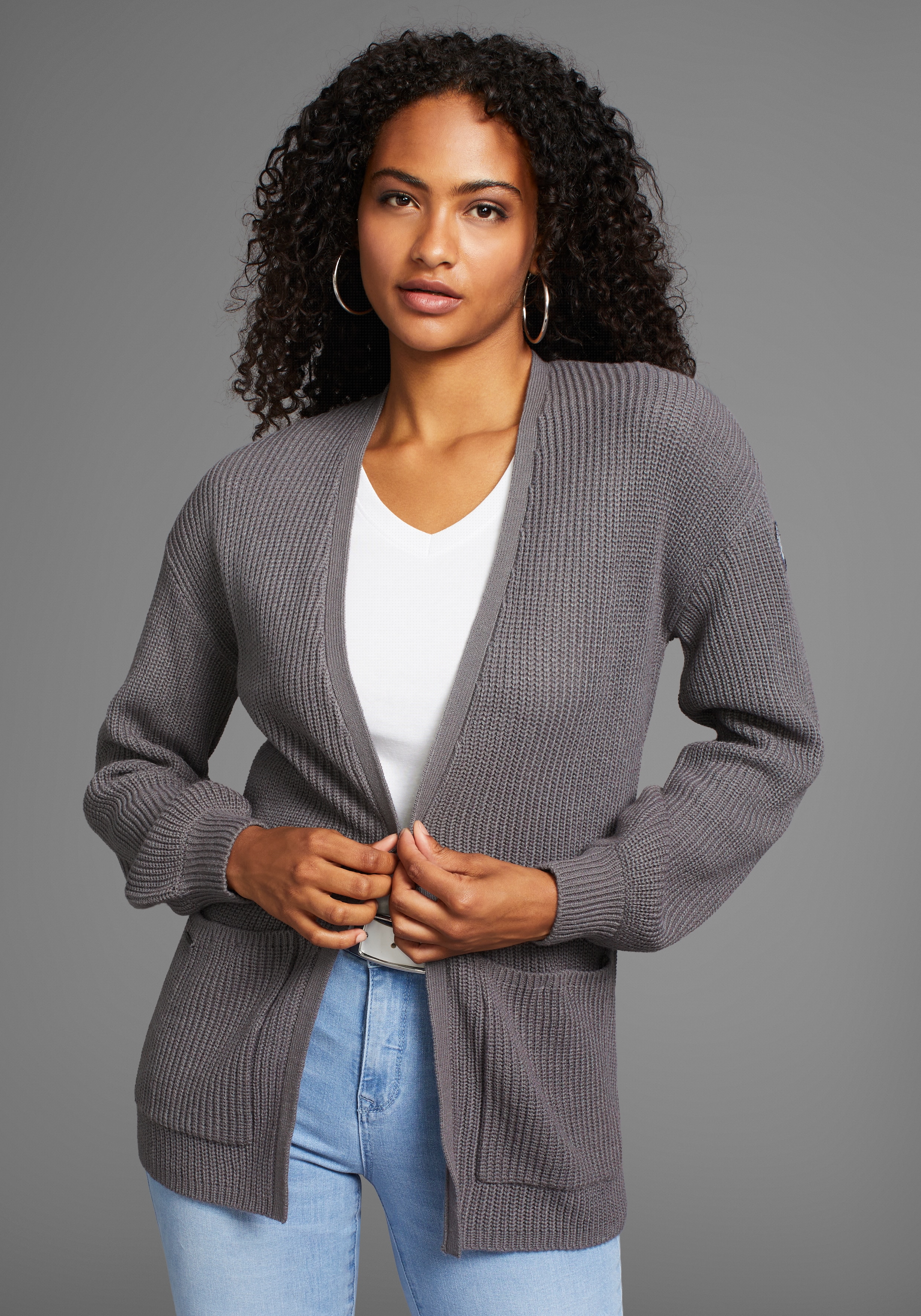 Strickjacke KANGAROOS, Damen, Gr. 52/54, grau, Strick, Obermaterial: 100% Polyacryl, gerade hüftbedeckend, V-Ausschnitt, Puffärmel Rippstrickbündchen, Strickjacken Strickjacke, aus kuscheligem Strick