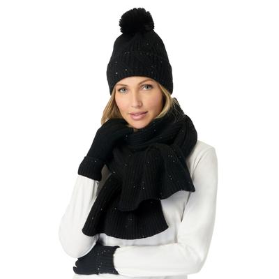 Women's 3-Pc Sequin Knitted Hat, Scarf And Gloves Set by Accessories For All in Black