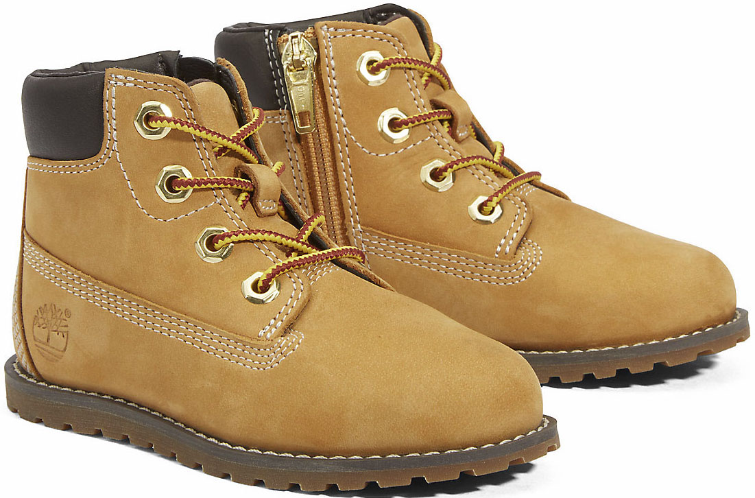 Schnürboots TIMBERLAND "POKEY PINE MID LACE UP WITH ZIP BOOT", Mädchen, Gr. 24, gelb (wheat), Leder, Synthetik, Schuhe Schnürboots, Winterstiefel, Schnürstiefel, Winterschuhe