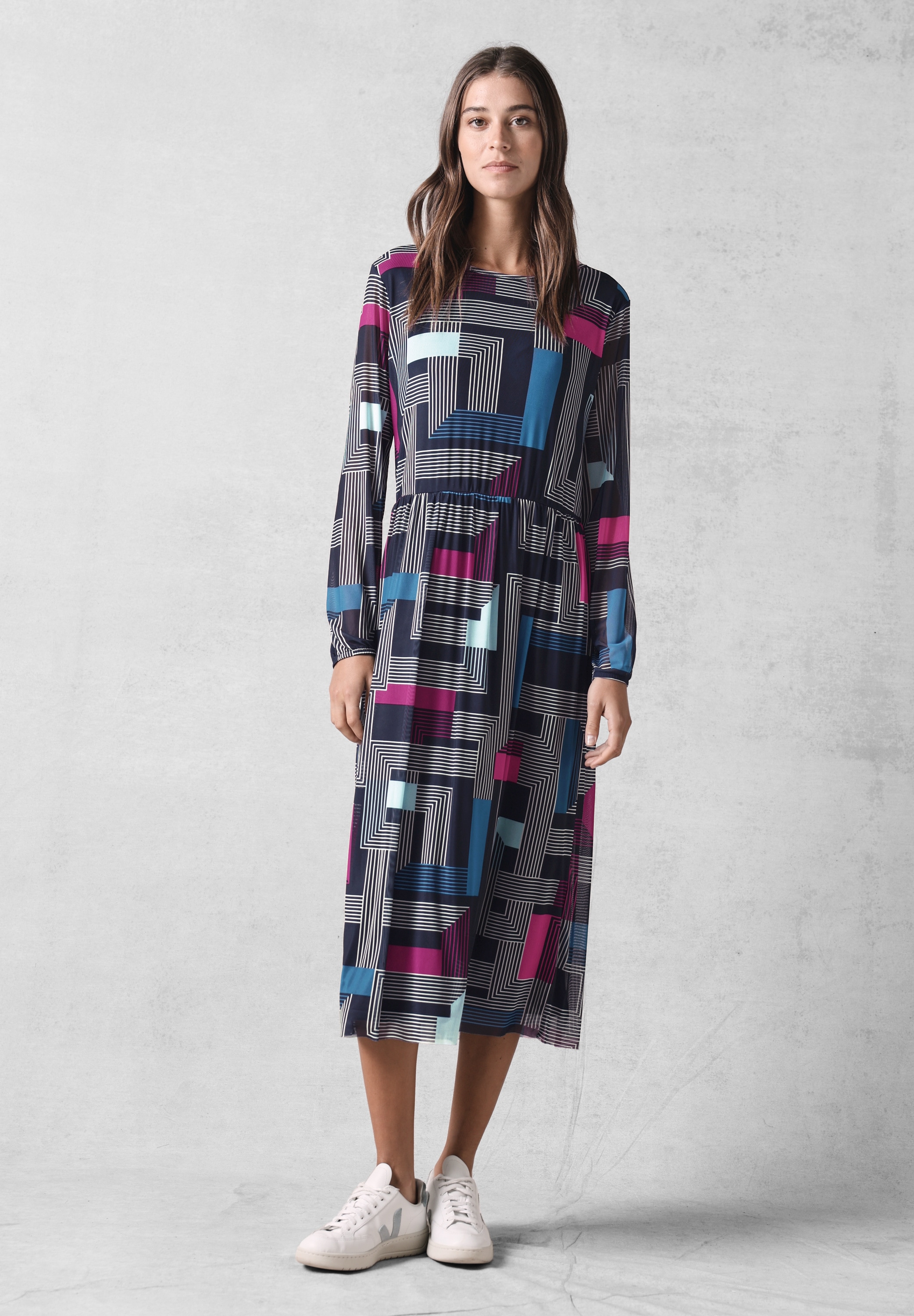 Midikleid CECIL, Damen, Gr. S (38), US-Größen, blau (deep petrol), Stoff, 95% Polyester, 5% Elasthan, bedruckt, gerade wadenlang, Rundhals, Bündchen, Kleider Midikleid, soft und trageangenehm