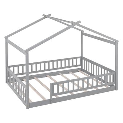 Full Size Wood Bed House Bed Frame with Fence