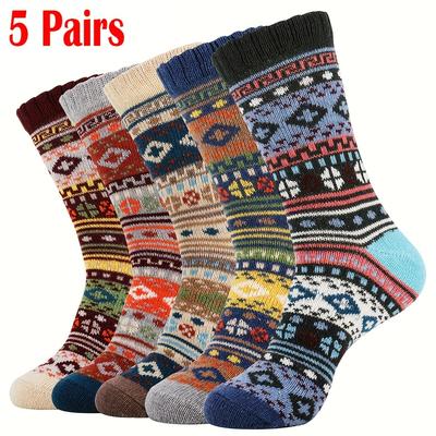 TEMU 1/5 Pairs Of Thick Floral Pattern Novel Crew Socks For Men Warm Comfortable Ideal For Winter Outdoor Activities, Hiking, Trekking, Camping, And Fishing