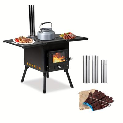 TEMU Camping Wood Stove, Outdoor Portable Tent Wood Burning Stove With Stainless Chimney Pipes, Tent Stove Jack & Gloves For Outdoor Camping Cooking And Heating (black)