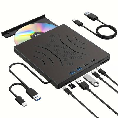 TEMU 7 In 1 Dvd External Blu-ray Drive: Usb 3.0 Type-c External /dvd Drive Burner With Sd/tf Port - Support Disc R/w - External Disc Drive Compatible With Windows Xp/7/8/10/11 Laptop Desktop