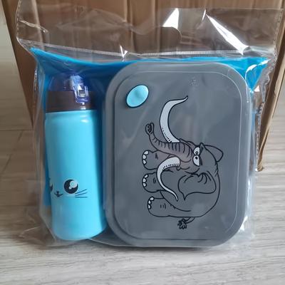 TEMU Cartoon Elephant Portable Lunch Box Set With Water Bottle And Spoon - Plastic, Non-electric