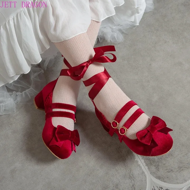 2025 frühling Herbst Neue Frauen Pumpen Lolita Schuhe Plattform High Heels Rote Spitze Mary Jane Schuhe Bogen Blockabsatz Damen Party Schuhe