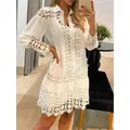 Frauen Spitze Nähte sexy aushöhlen und transparentes Kleid nicht gefüttert elegante Büro Frühling lässig Langarm weiß Hemd Kleid