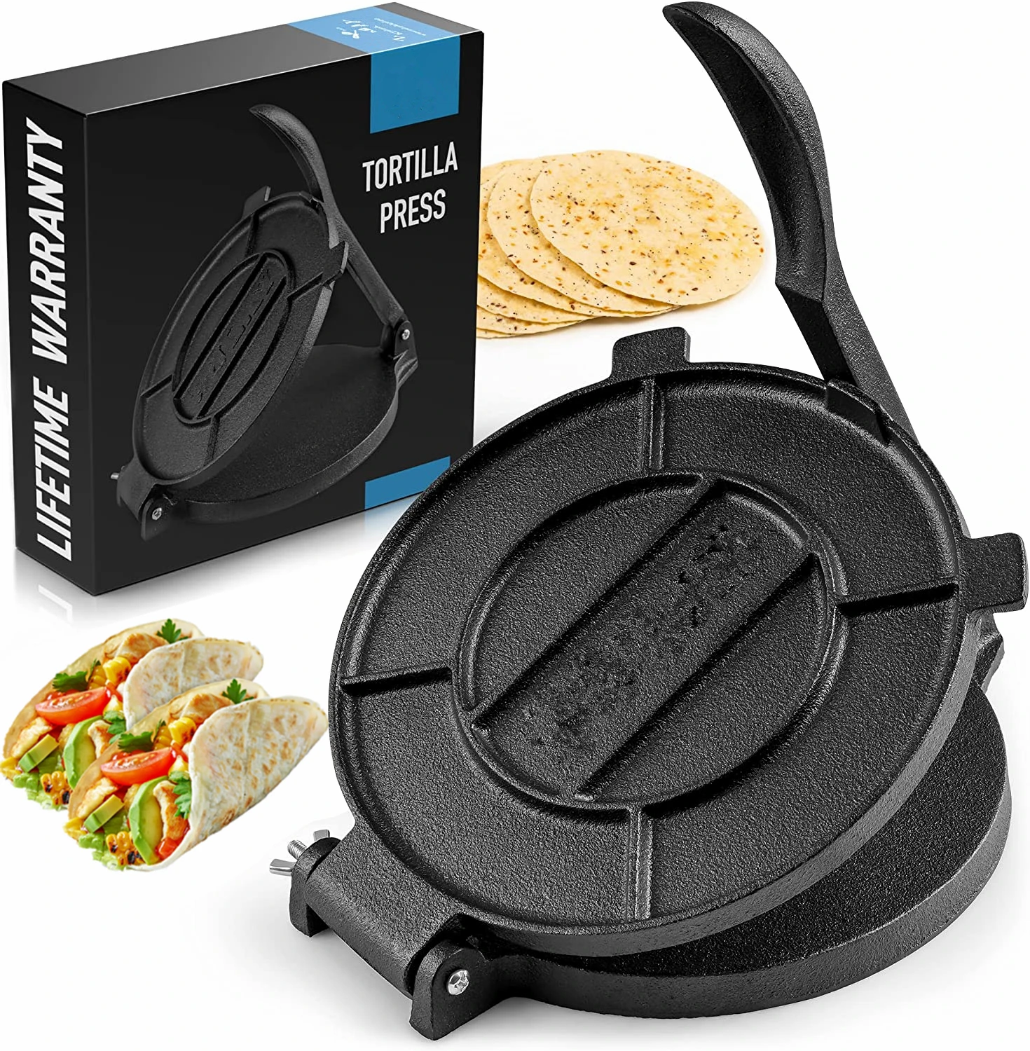 8 Zoll Gusseisen Tortilla Press vor gewürzte Tortilla Maker für Mais tortillas und Pfannkuchen Roti mexikanische Tacos Maker Teig presse Image