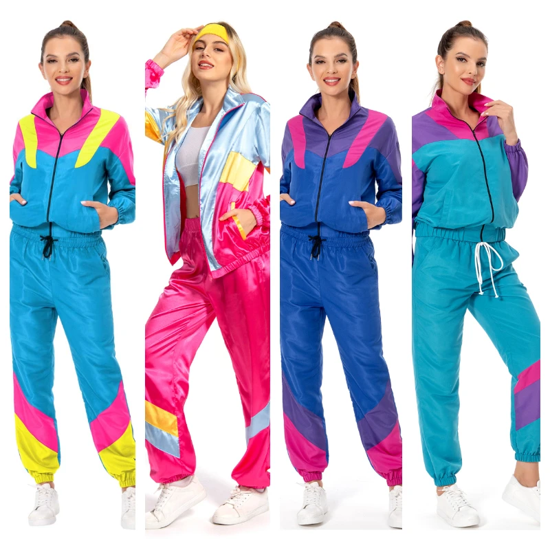 Retro Damen 80er 90er Hippie Disco Cosplay Kostüme Hip Hop Sportwear Trainingsanzug Vintage Party Outfits Halloween Karneval Anzug