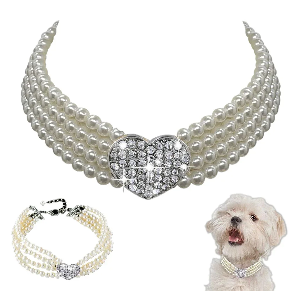 S/m/l 4 Reihen Hund Katze Perlen Halskette bling Strass Herz Dekor Kragen Halskette Haustier Welpen Schmuck Zubehör Image
