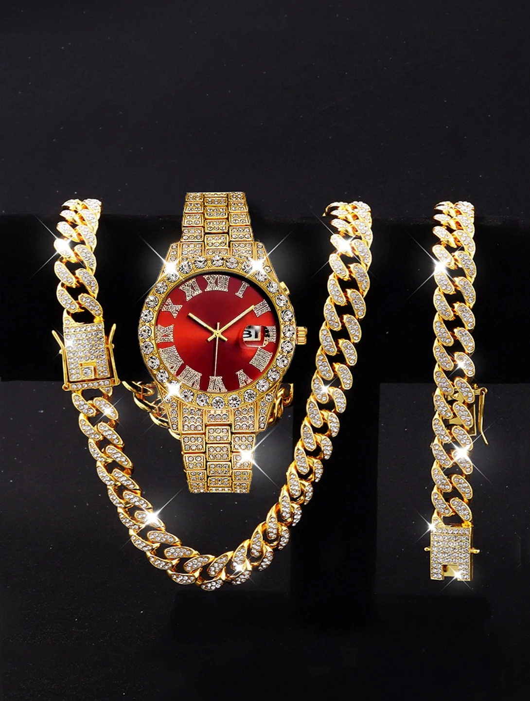 3 Stück Luxus legierung Voll diamant Strass Spiegel Herren Quarzuhr mit Kalender und Hip Hop kubanischen Halskette Armband Set