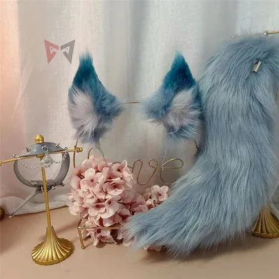 Neue handgemachte hellblaue LOL The Nine-Tailed Fox Ahri Ears Hairhoop Schwanz Halskette Haarbänder Kopfbedeckung Cosplay Kostüm Zubehör Image
