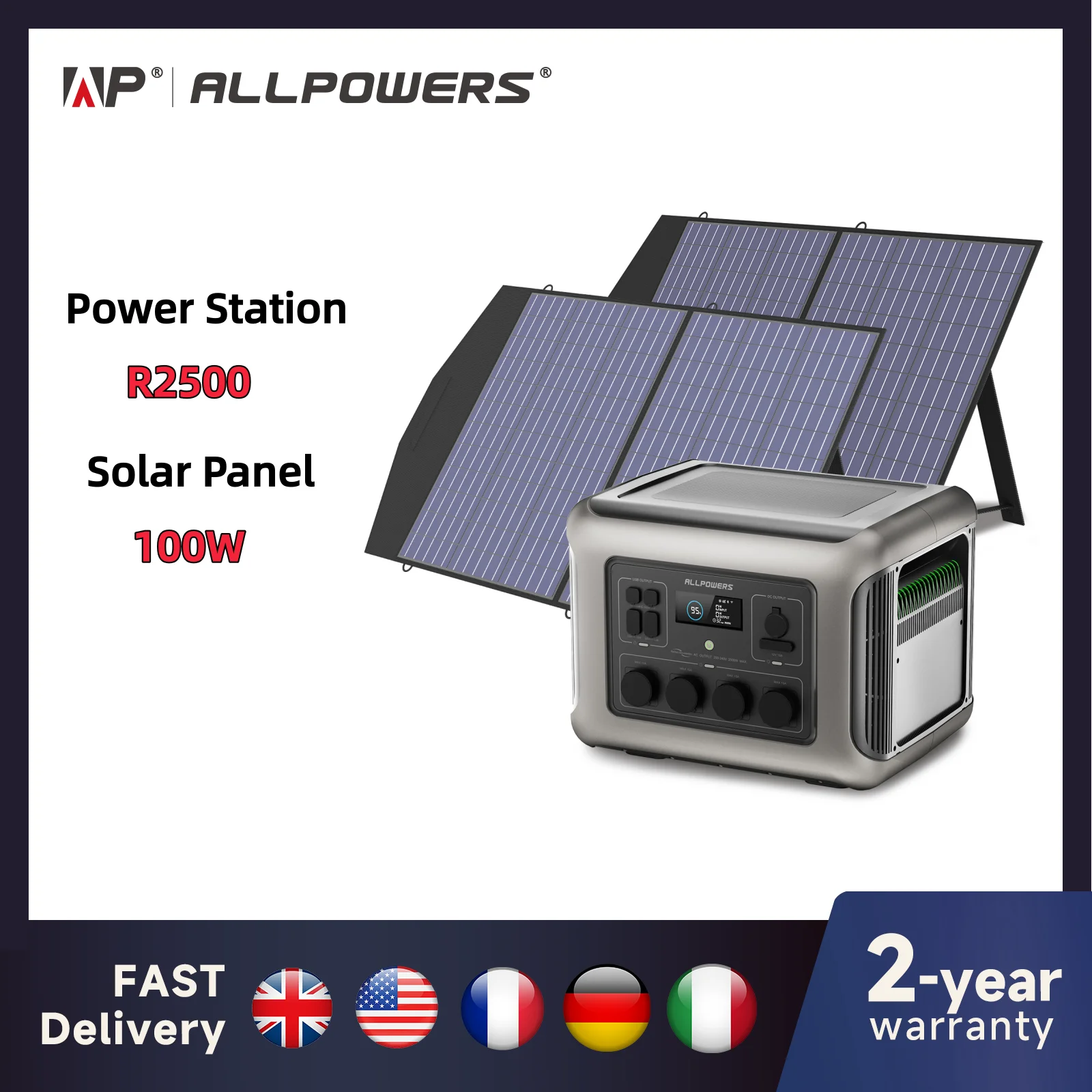 ALLPOWERS R2500 Solargenerator 2500 W (4000 W Spitze), 2016 Wh tragbares LiFePO4-Kraftwerk mit Solarpanel, 4 AC-Steckdosen für Zuhause Image